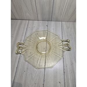 VINTAGE Amber Yellow Depression Glass Plate With Handles Victorian Design 12"
